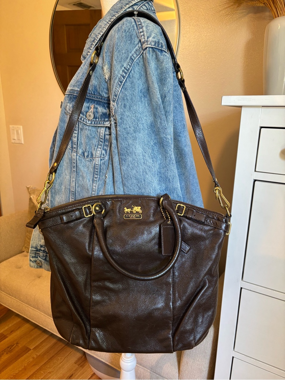 Coach Dark Brown Leather Messenger Tote with Gold Hardware